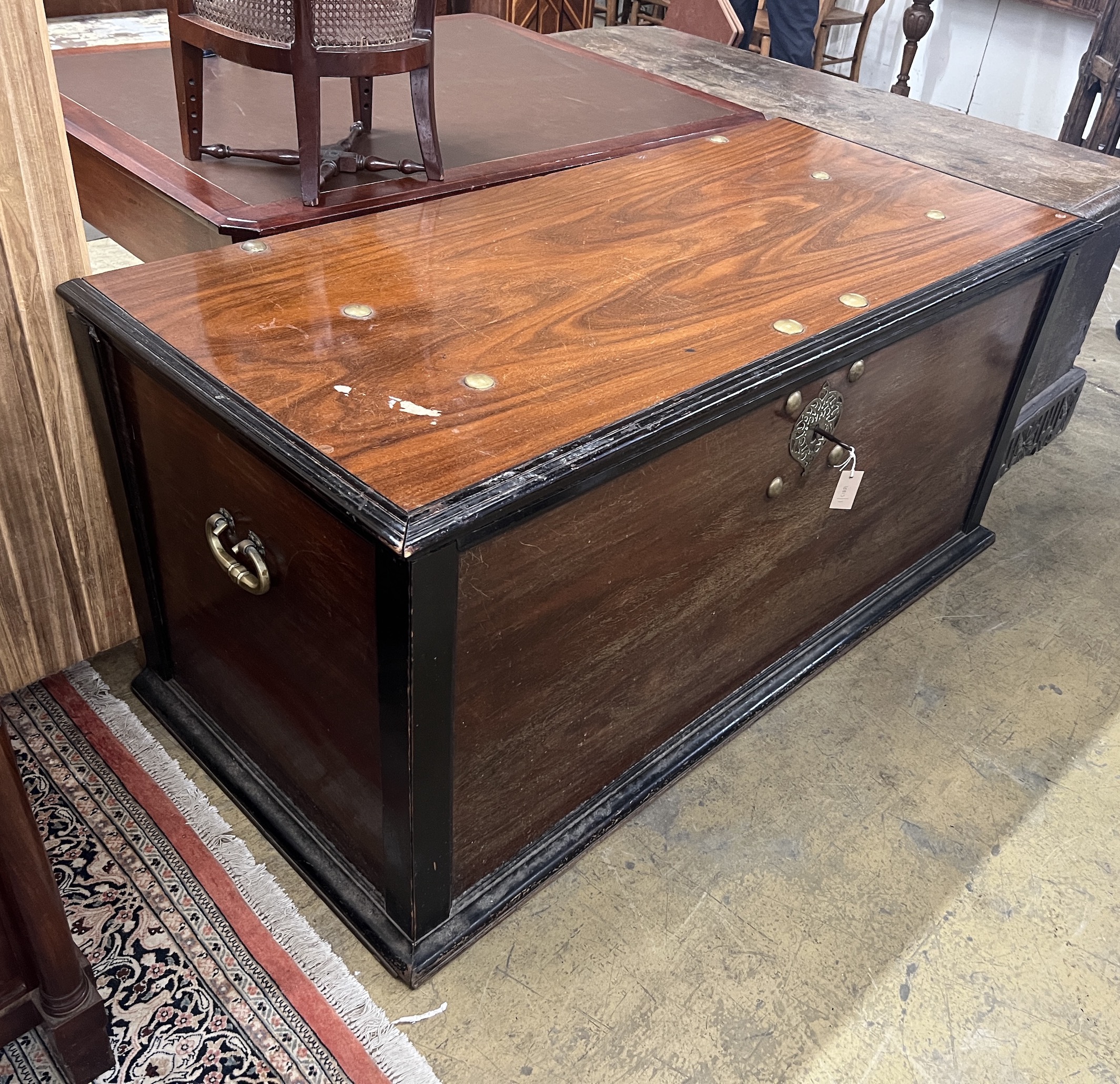 A large 18th century brass mounted Dutch colonial hardwood trunk, length 166cm, depth 75cm, height 75cm